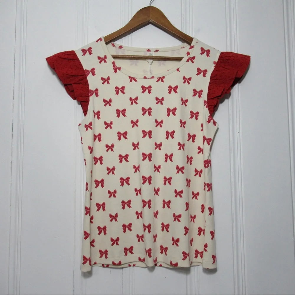 Kate Quinn Organic Cotton Retro Flutter Tee Red Bow Print Size Large - Picture 3 of 14